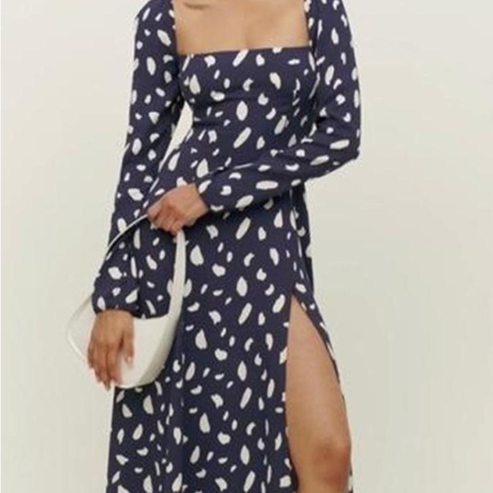 Reformation Sigmund  Navy and White Patterned Dress